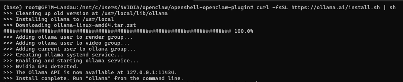 Terminal session: Ollama installation