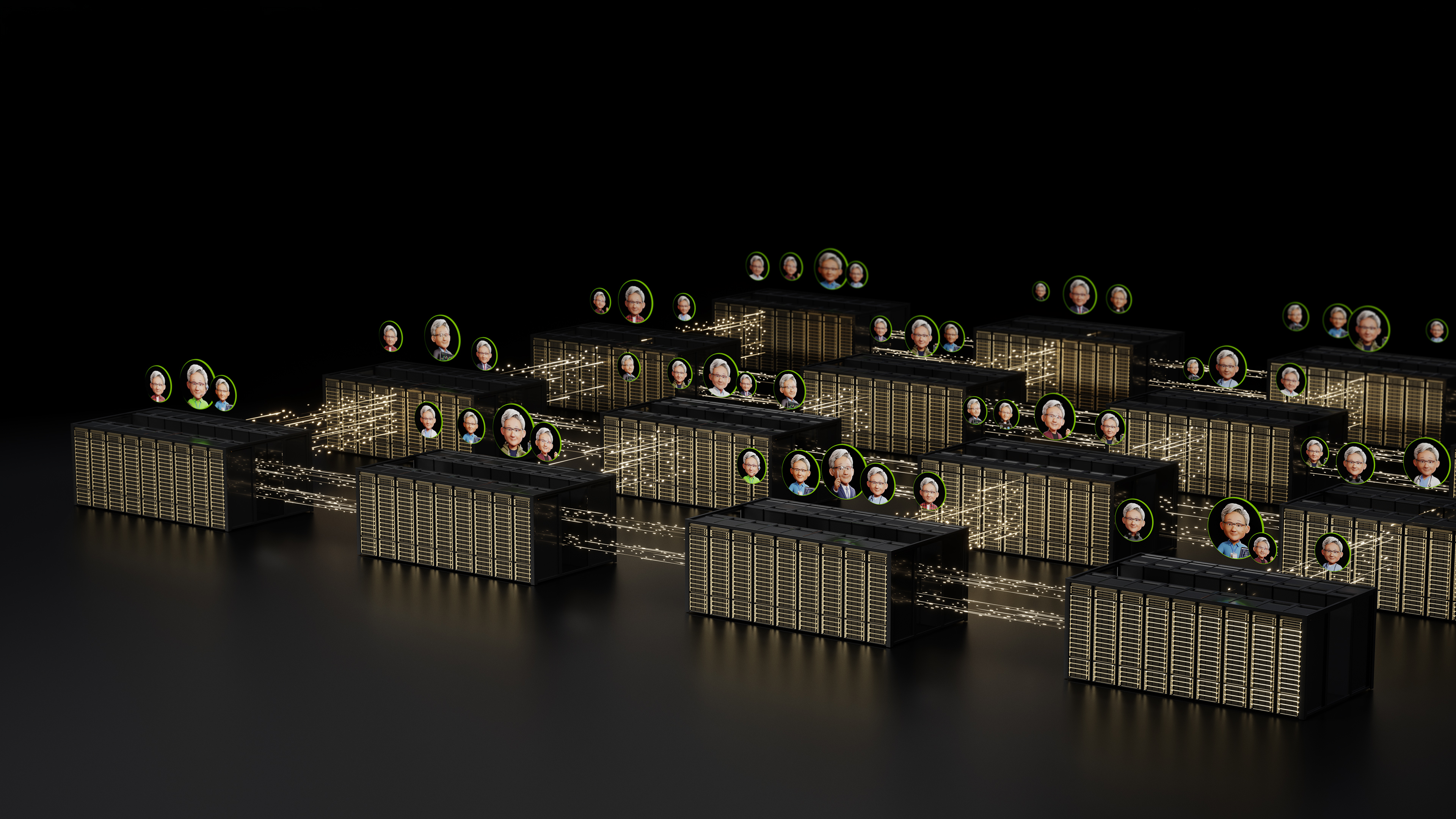 Data center illustration showing multi-modal AI tokens for image, audio, visual and more as part of the NVIDIA “Think SMART” framework.