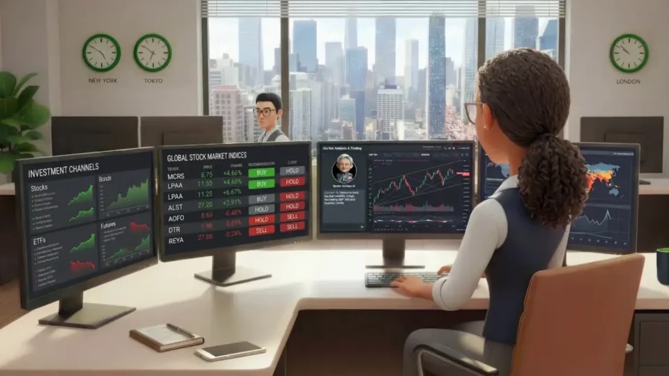 Trader looking at screens with stock market indices and AI agent for research 