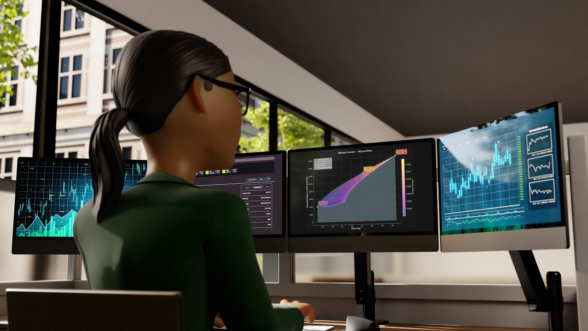 An analyst reviews real-time market data and financial portfolio graphs on monitors 