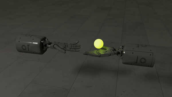 Two robotic hands rolling a ball showing flexible robot learning