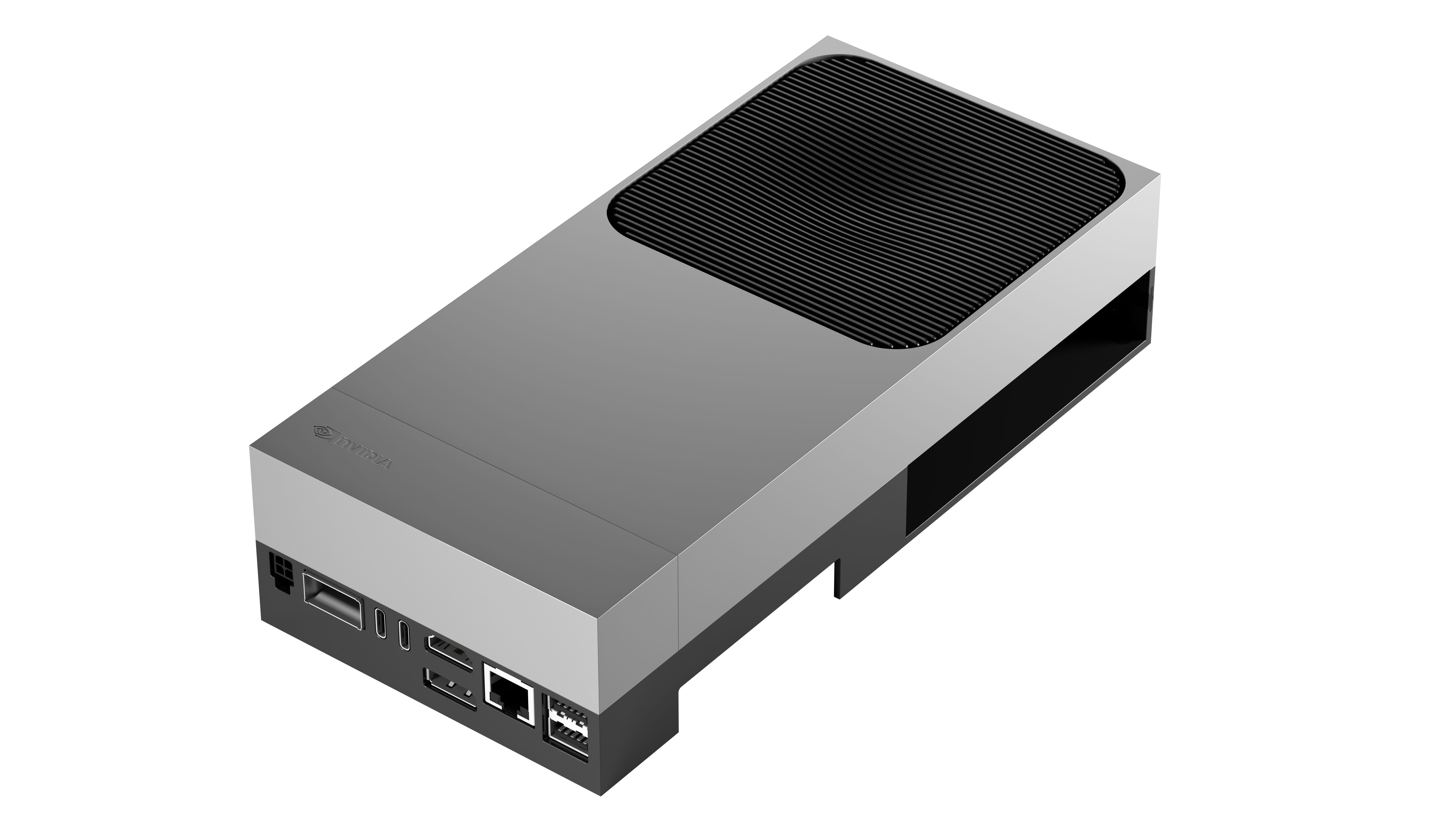 A picture of the Jetson AGX Thor Developer Kit, shown at a three-quarter angle from the side.