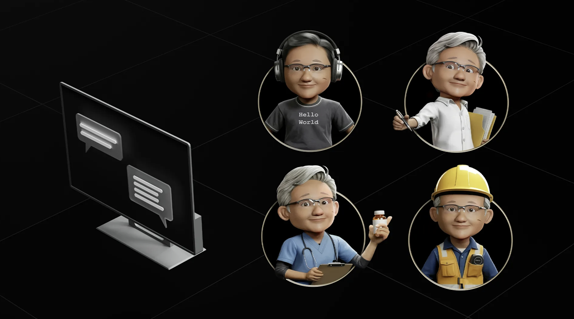 Illustration of a chat screen beside four Toy Jensen Huang avatars dressed as a programmer, teacher, healthcare professional, and construction worker, representing specialized AI agent skills.