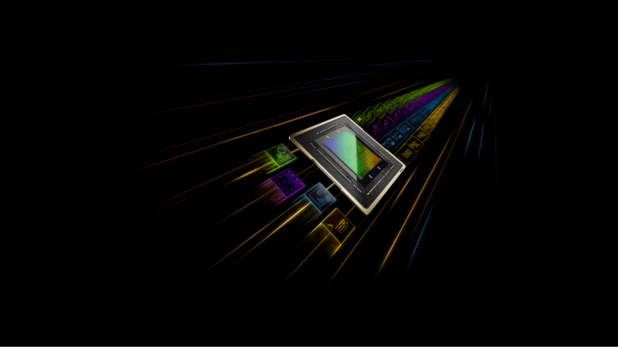 Illustration of a processor chip surrounded by streams of colorful icons representing text, images, and data against a black background.