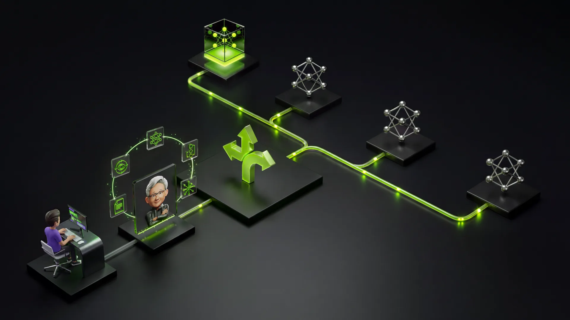 Illustration of a hybrid AI workflow connecting a computer user and Toy Jensen Huang assistant to local and cloud AI models through a central routing hub and glowing green paths.