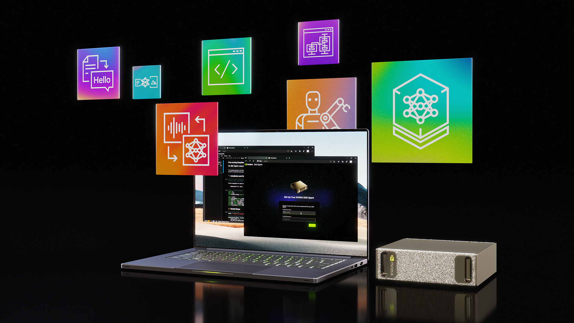 NVIDIA DGX Spark personal AI supercomputer showing front, rear, and side panel views of the GB10 Grace Blackwell Superchip compact deskside system