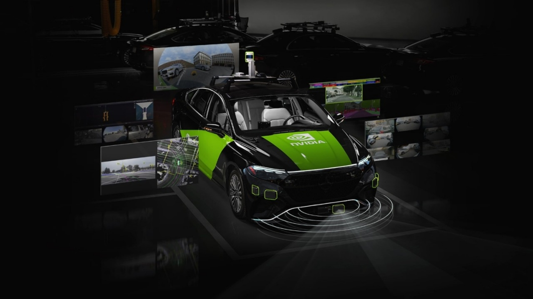 Black and green NVIDIA autonomous driving test vehicle with roof-mounted sensors, surrounded by visualizations of camera feeds, road mapping, and sensor coverage.