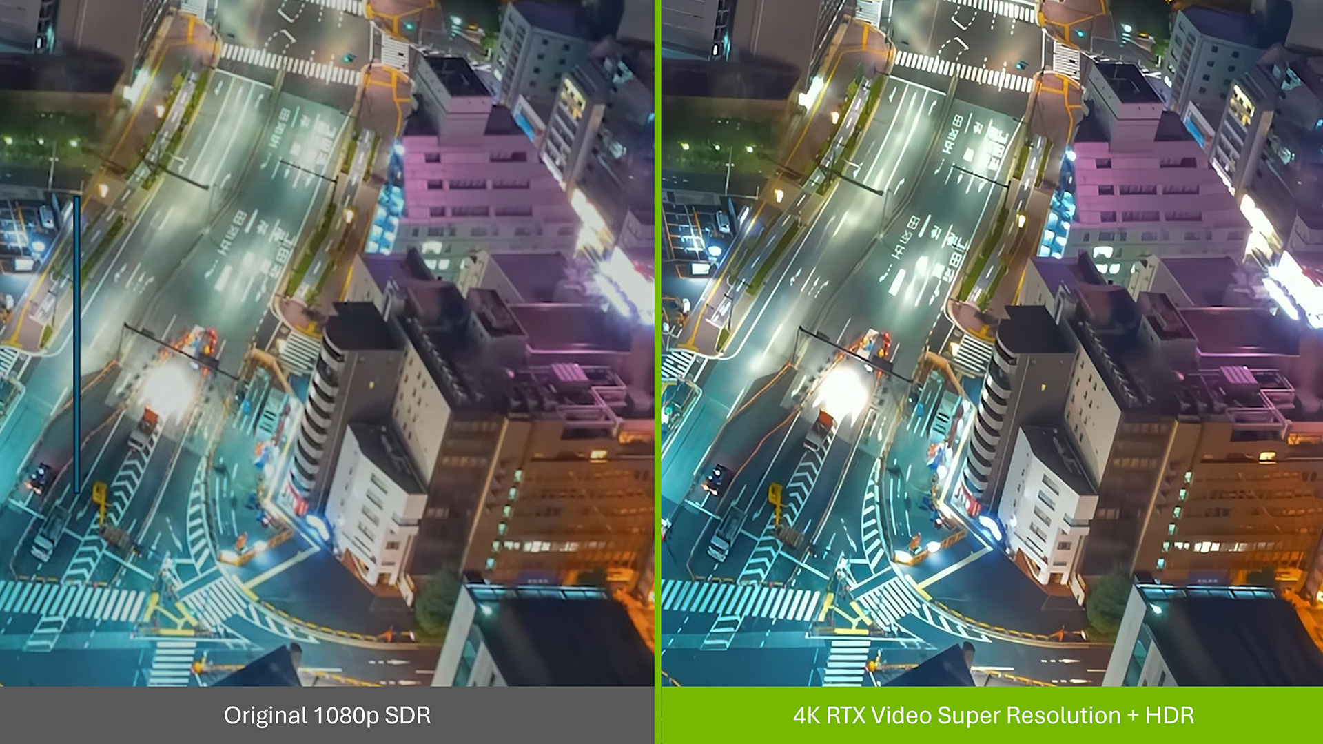 NVIDIA RTX Video AI Super Resolution and HDR enhancement interface showing upscaled video playback on an RTX-equipped display