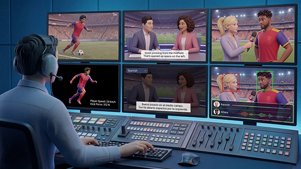 AI-assisted sports broadcast control room with an operator monitoring live soccer footage, captions, translation, player tracking, interviews, and audio/video controls.