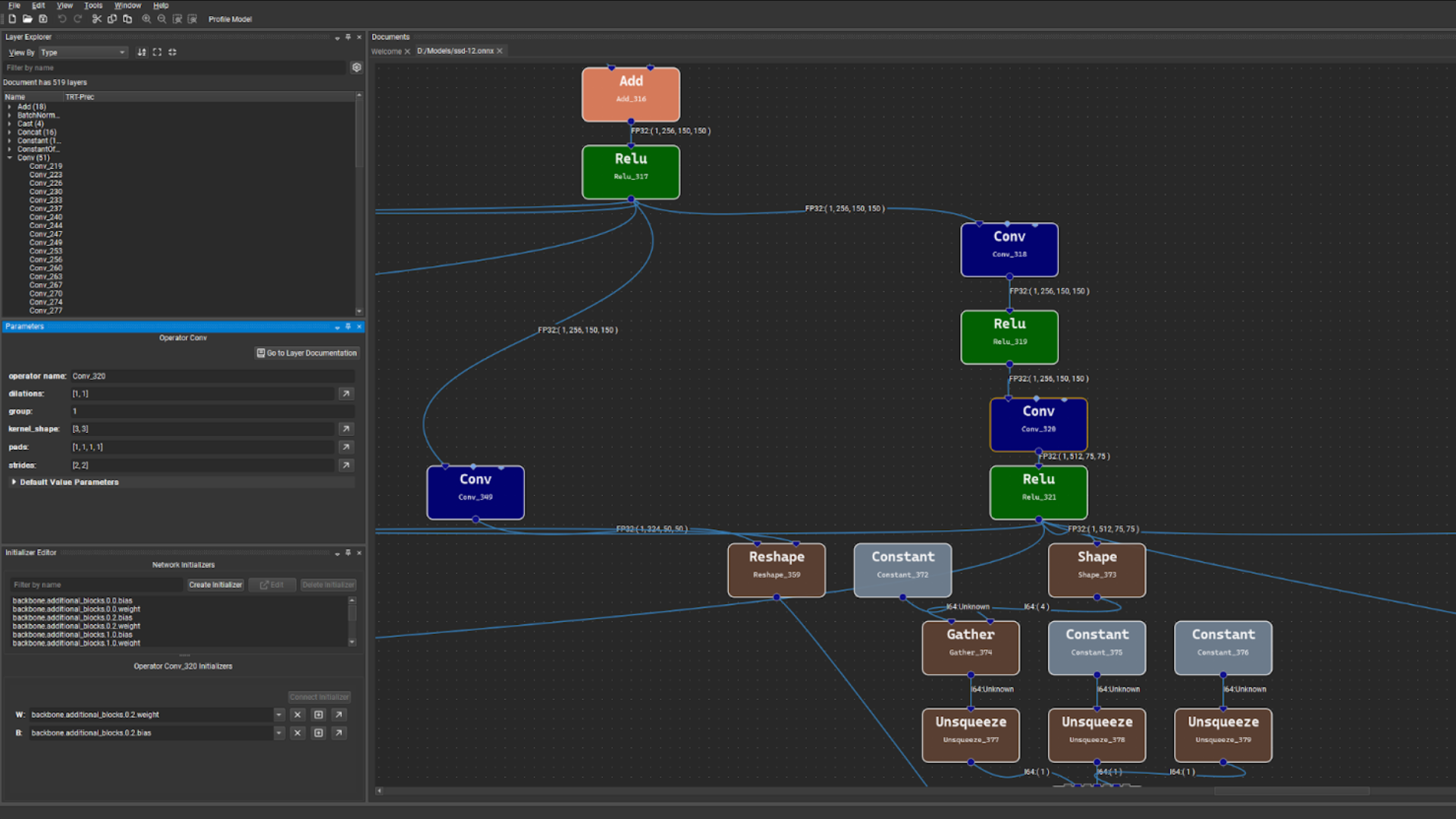 Nsight DL Designer visualizes a TensorRT model for inspecting and editing