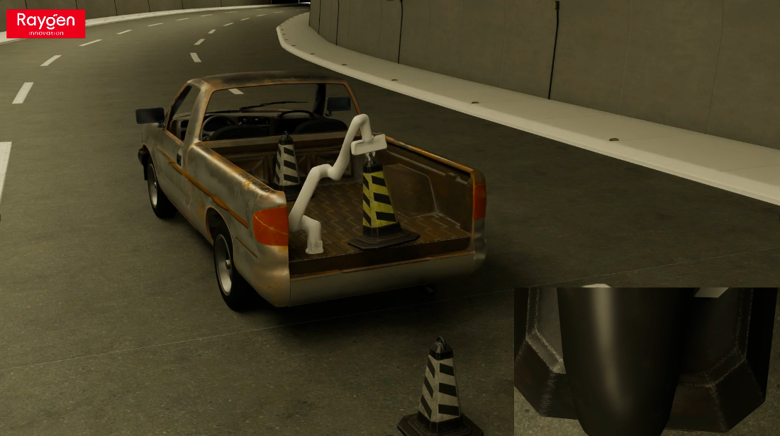 The rear view of a rusty, old pickup truck driving through a tunnel with robot arm in truck bed.