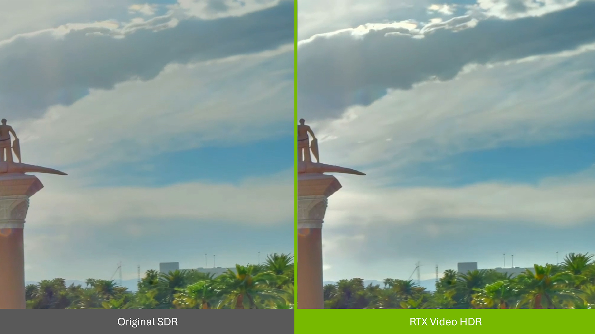 A frame comparison of original SDR vs. RTX Video HDR-enhanced frame